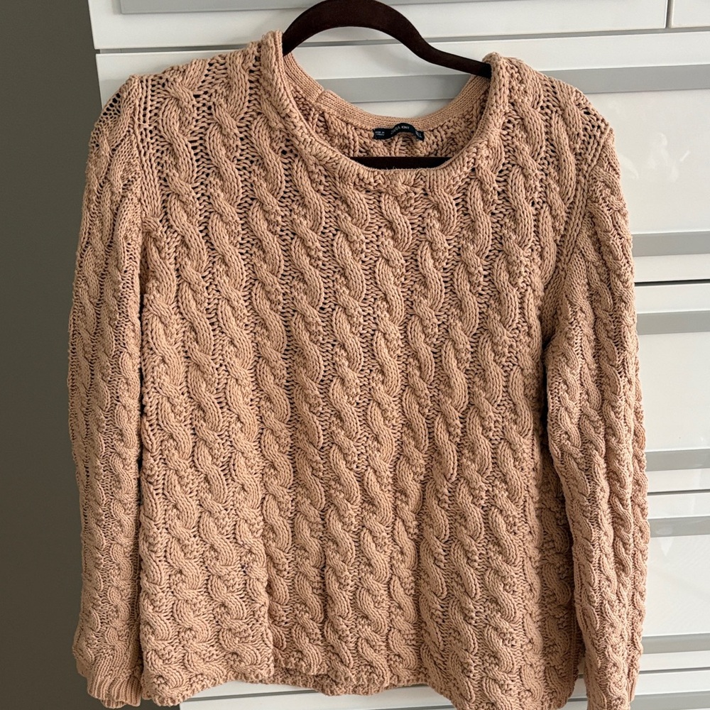 Zara Cable-Knit Scoopneck Sweater - Light Beige